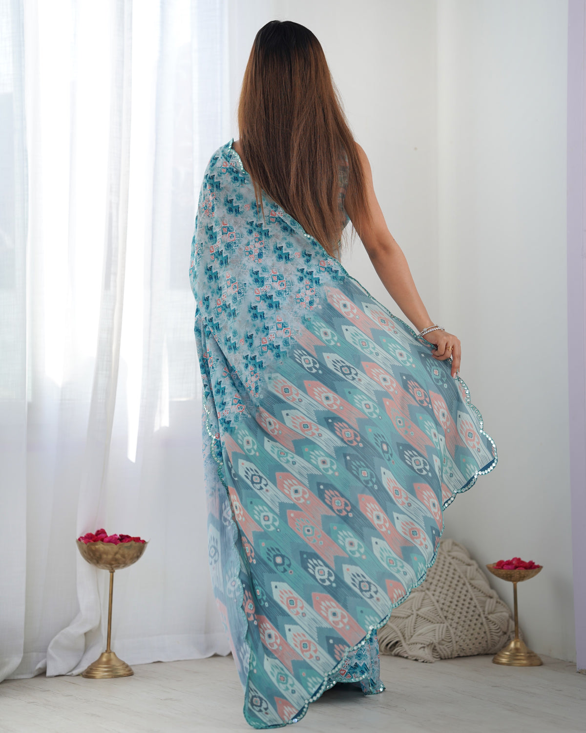 Premium Chinon Saree with Mirror Lace Border for Women
