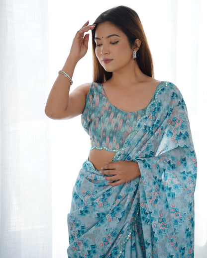 Premium Chinon Saree with Mirror Lace Border for Women