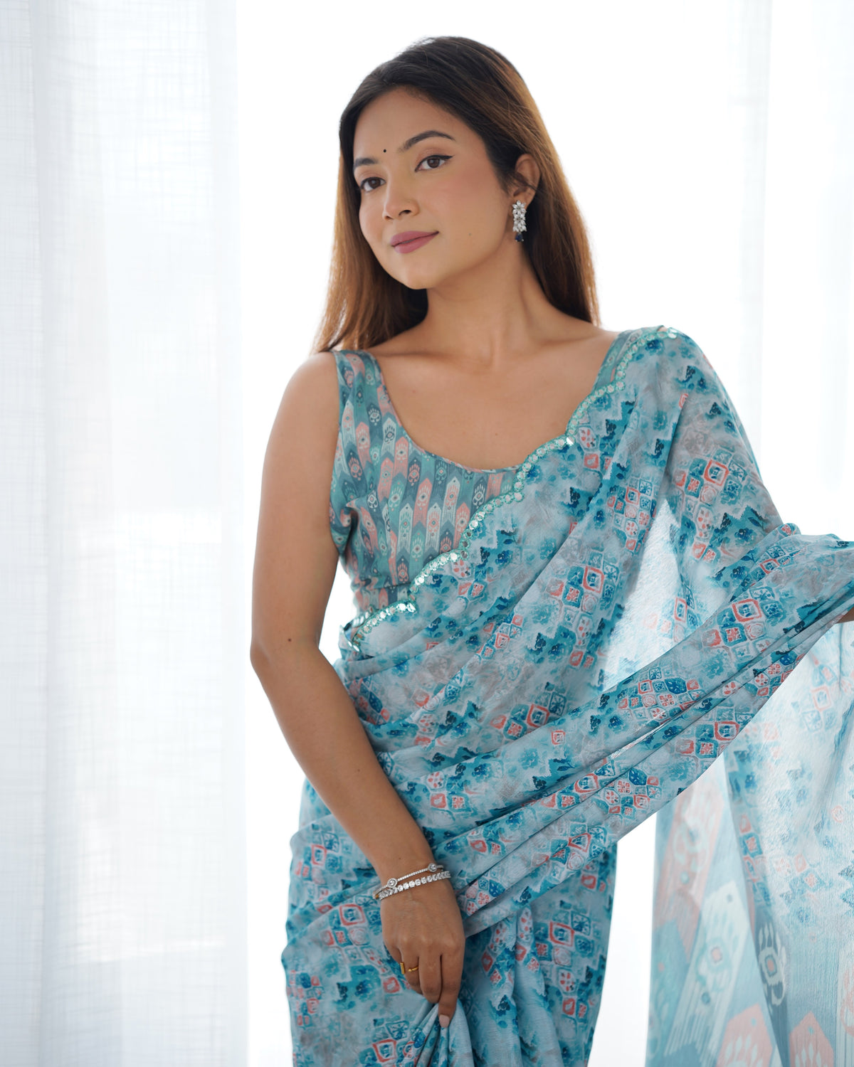 Premium Chinon Saree with Mirror Lace Border for Women