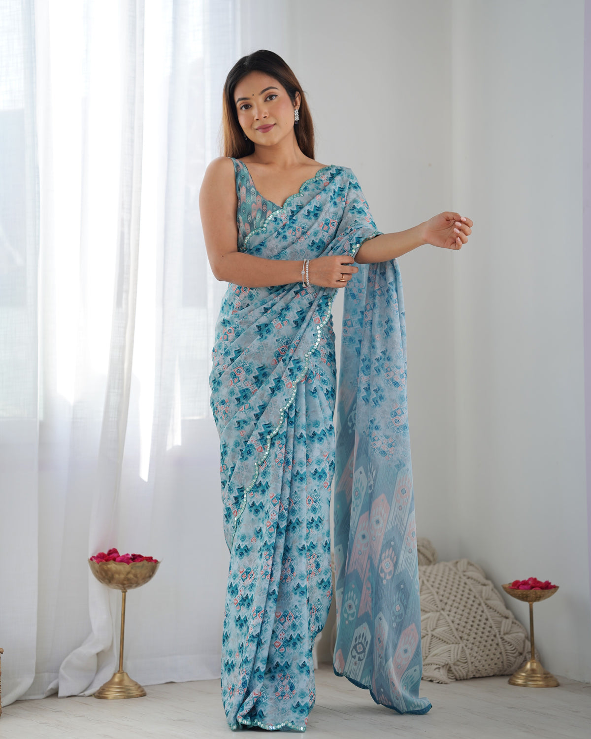Premium Chinon Saree with Mirror Lace Border for Women