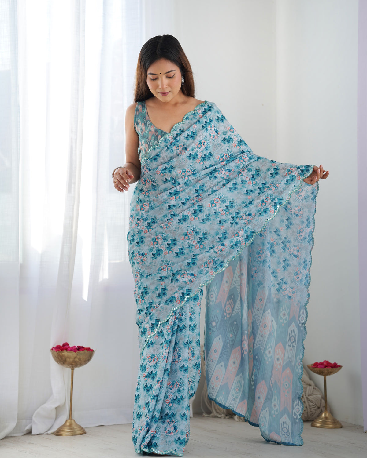 Premium Chinon Saree with Mirror Lace Border for Women