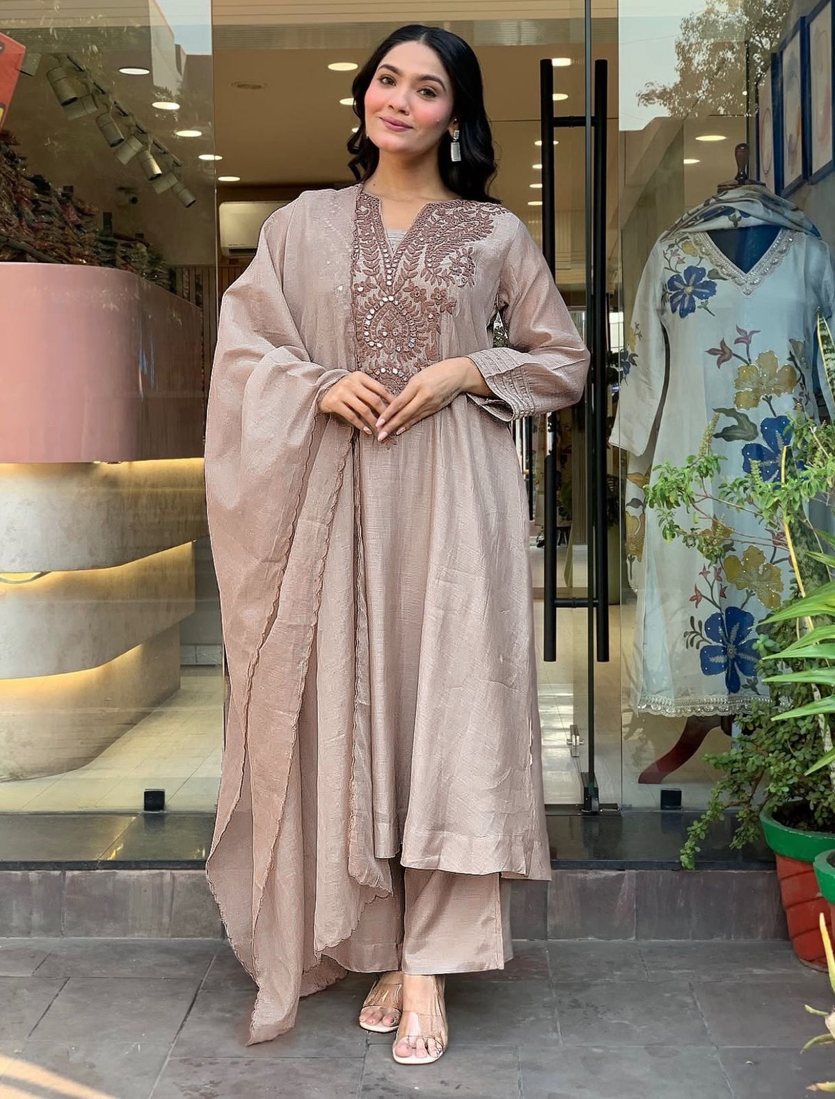 Premium Coffee Brown Roman Silk Kurta Set for Women