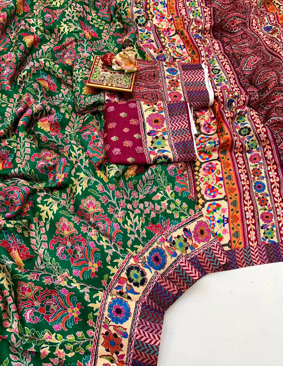 Premium Green Pashmina Saree With Shawl for Women