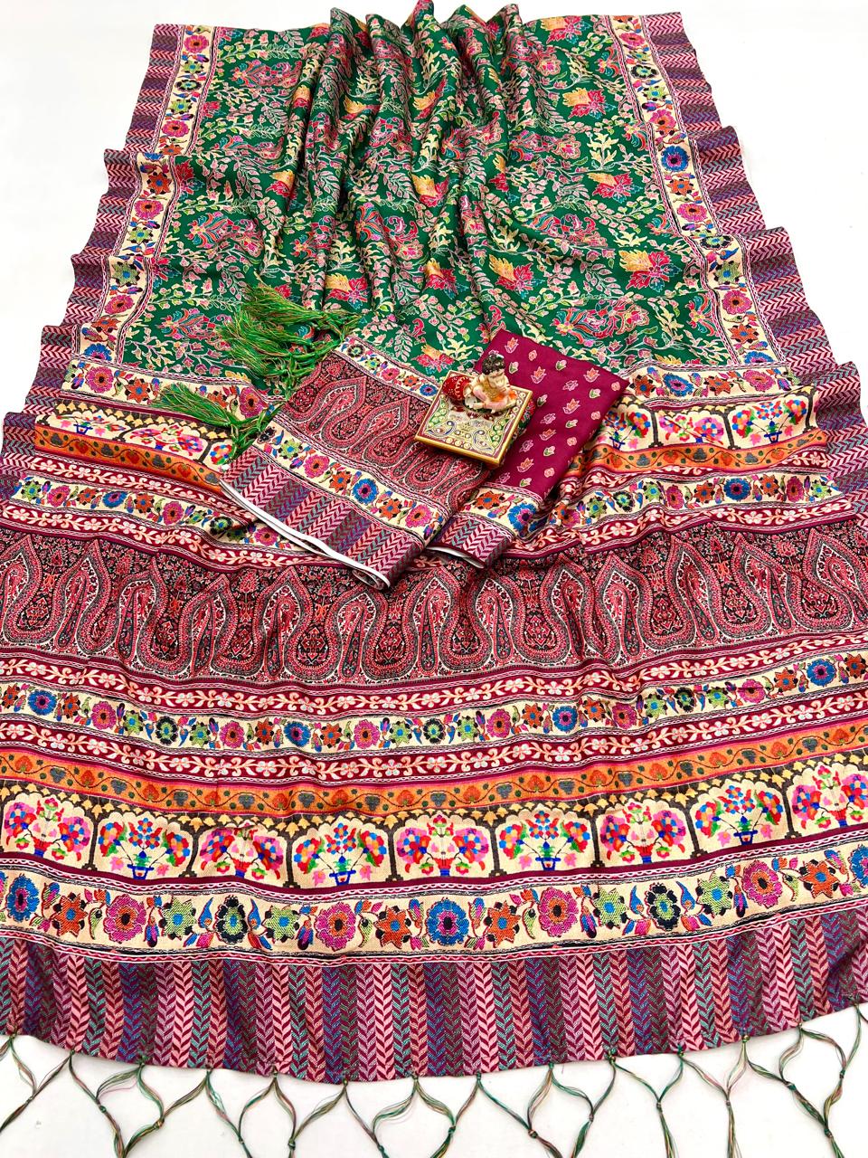 Premium Green Pashmina Saree With Shawl