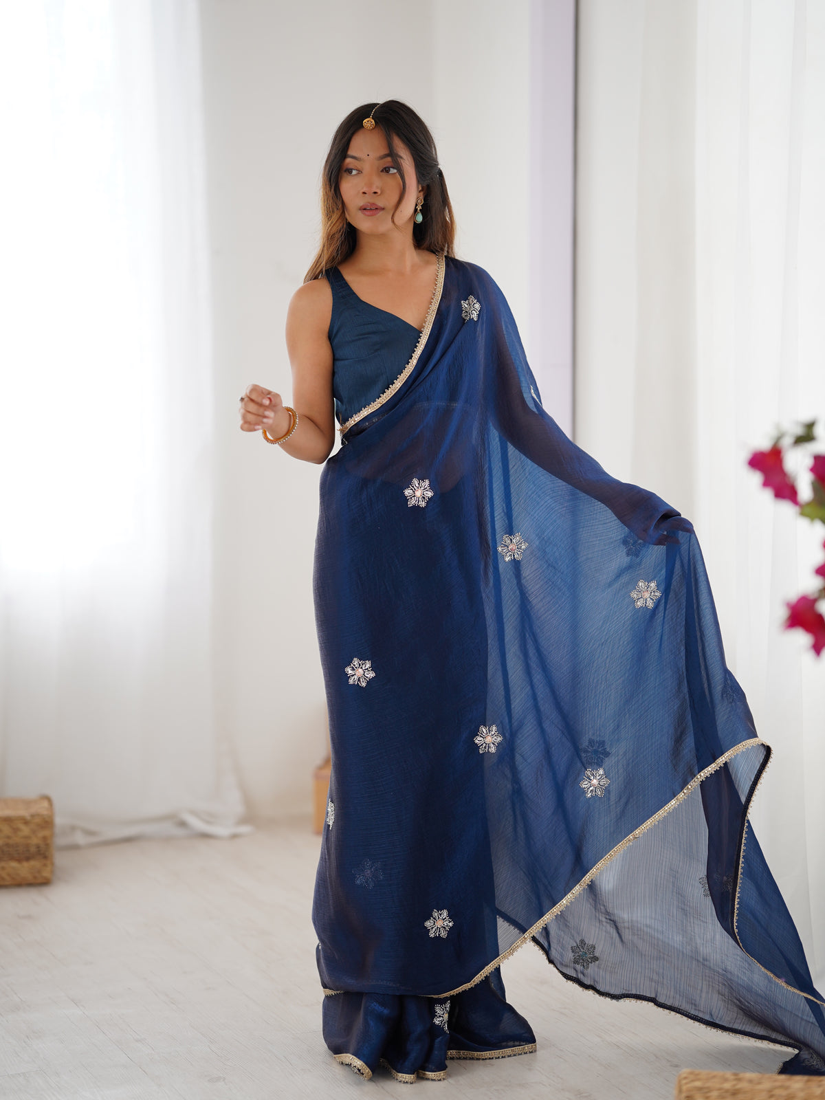 Premium Navy Blue Fancy Saree with Blouse for Women