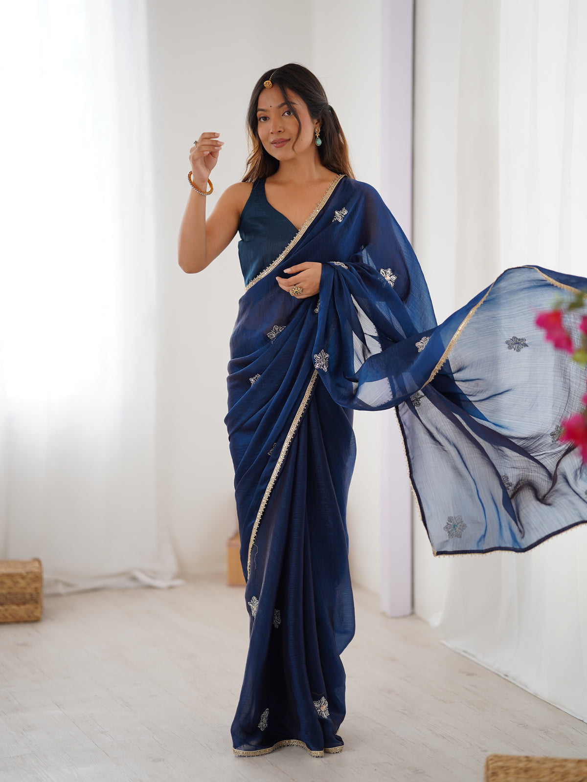 Premium Navy Blue Fancy Saree with Blouse for Women