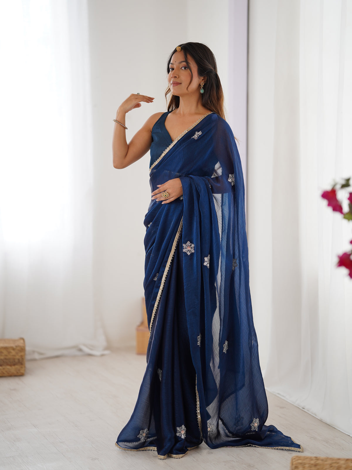 Premium Navy Blue Fancy Saree with Blouse for Women
