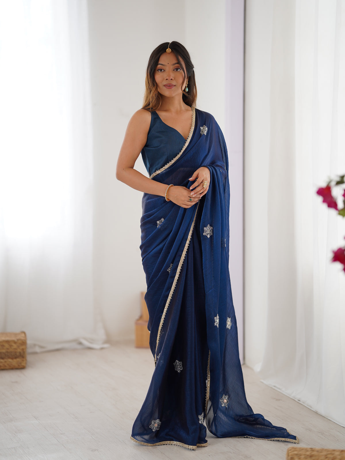 Premium Navy Blue Fancy Saree with Blouse for Women