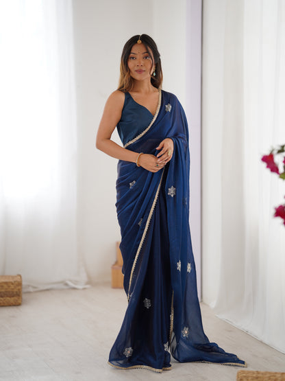 Premium Navy Blue Fancy Saree with Blouse for Women