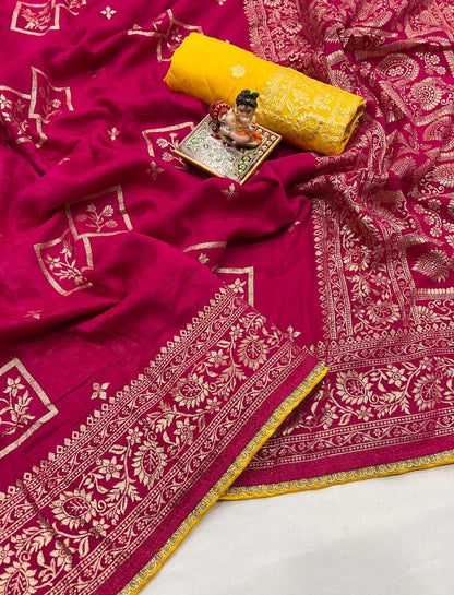 Premium Rani Pink Maslin Silk Saree with Gold Zari for Women