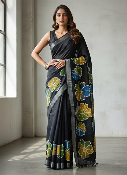 Premium Floral Print Heavy Linen Saree with Silver Border and Matching