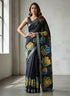 Premium Floral Print Heavy Linen Saree with Silver Border and Matching