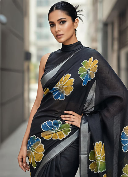 Premium Floral Print Heavy Linen Saree with Silver Border and Matching