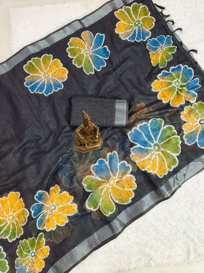 Premium Floral Print Heavy Linen Saree with Silver Border and Matching