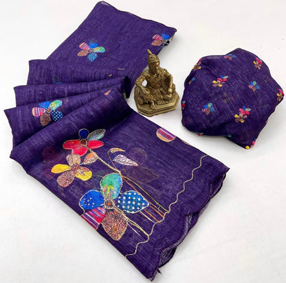 Premium Purple Aari Work Linen Saree with Blouse for Women