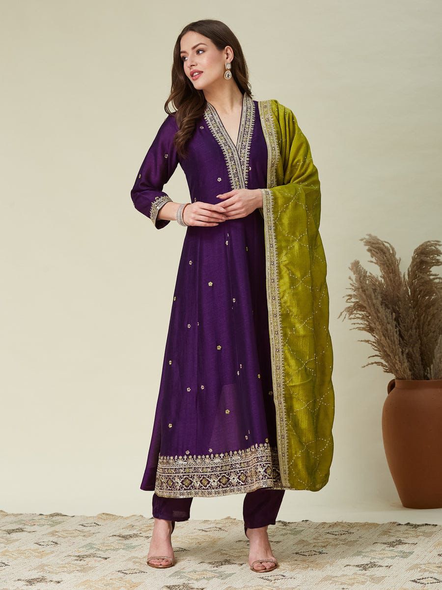 Premium Silk Purple Anarkali Kurti Set for Women