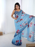 Premium Sky Blue Party Wear Chinon Saree