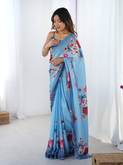 Premium Sky Blue Party Wear Chinon Saree for Women