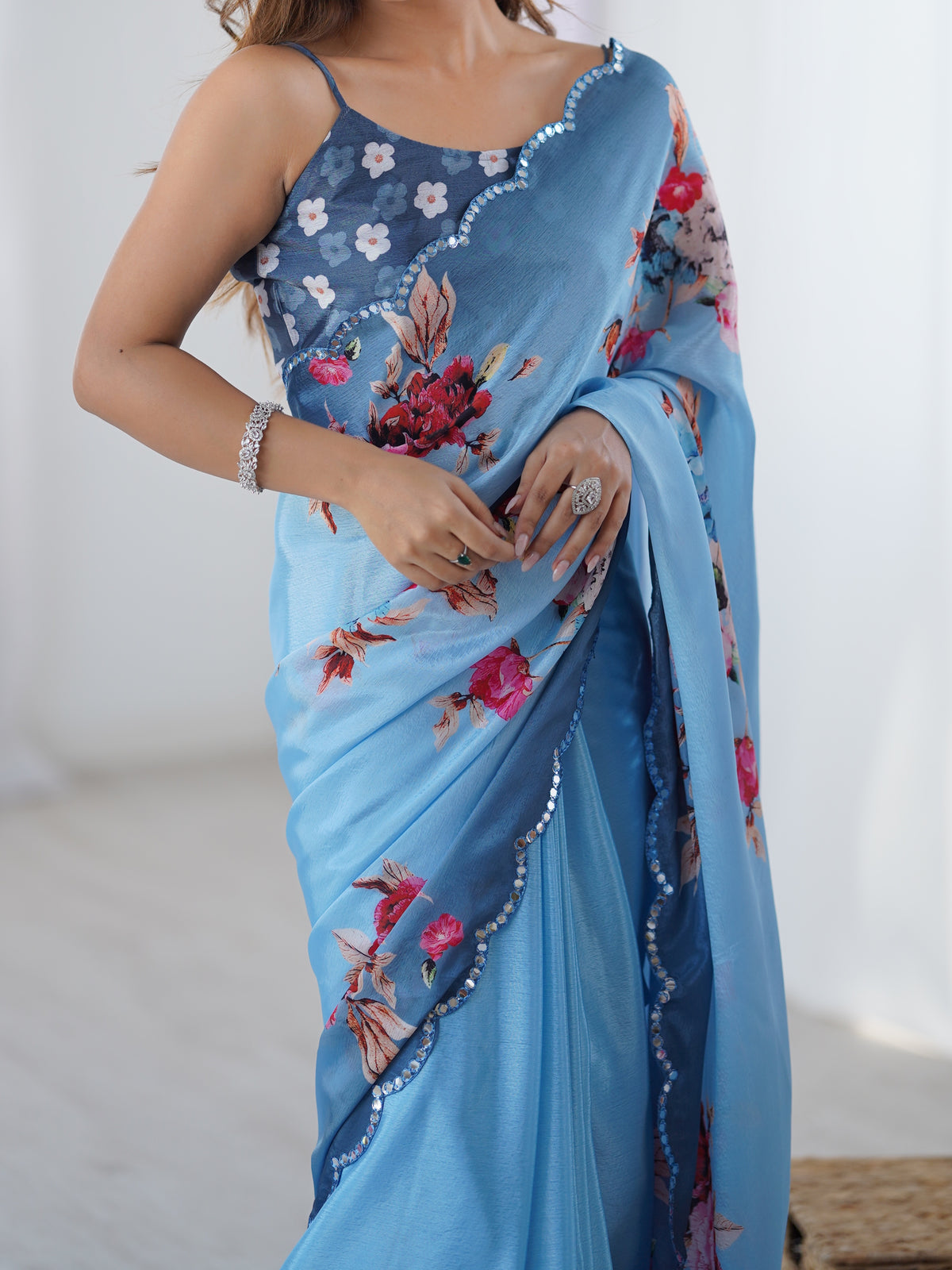 Premium Sky Blue Party Wear Chinon Saree for Women