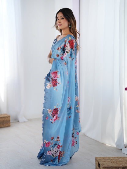 Premium Sky Blue Party Wear Chinon Saree for Women