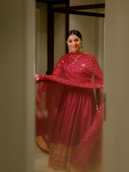 Premium Wine Embroidered Anarkali Suit Set for Women