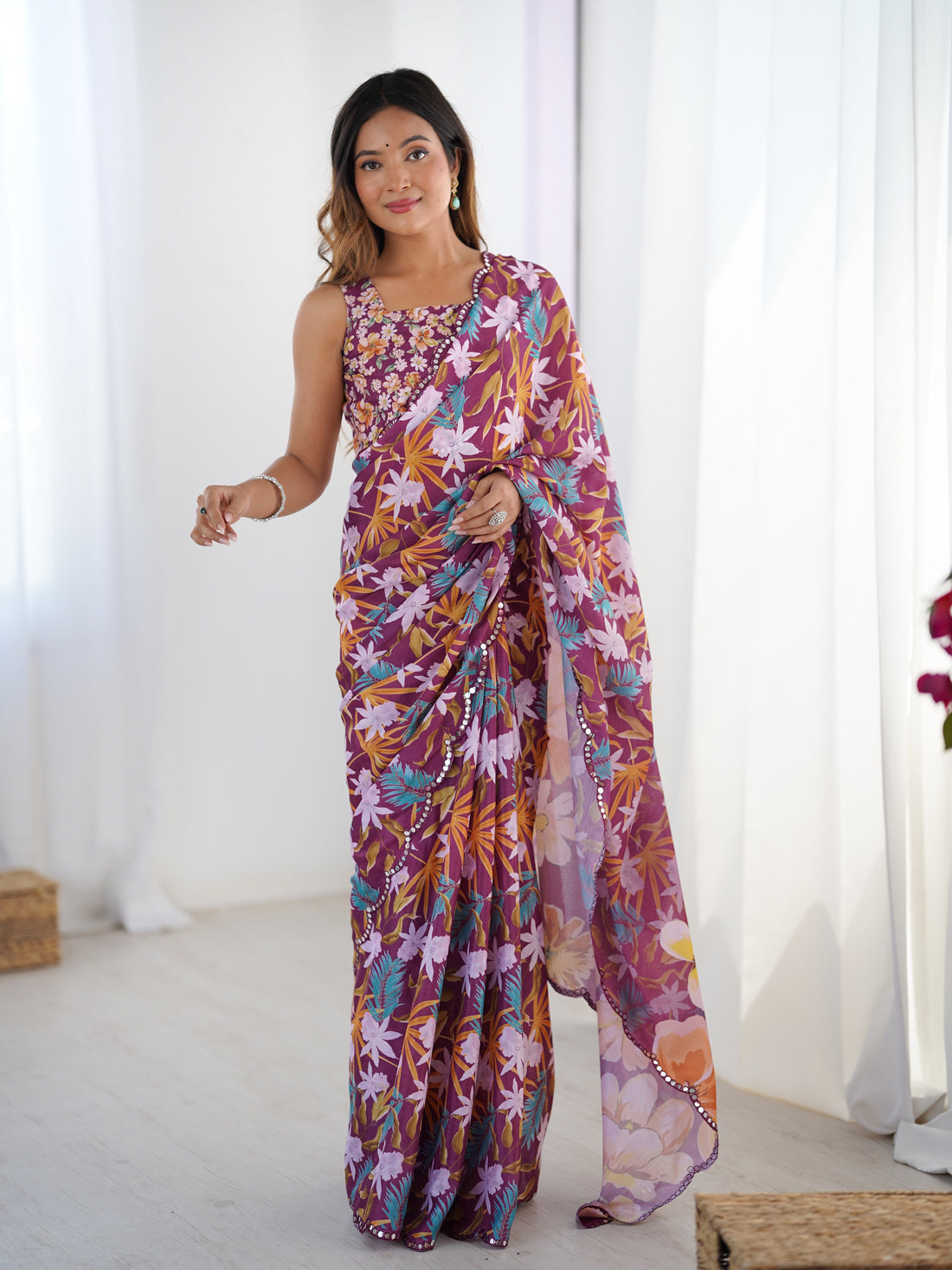 Premium Wine Printed Chinon Saree with Blouse for Women