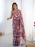 Premium Wine Printed Chinon Saree with Blouse