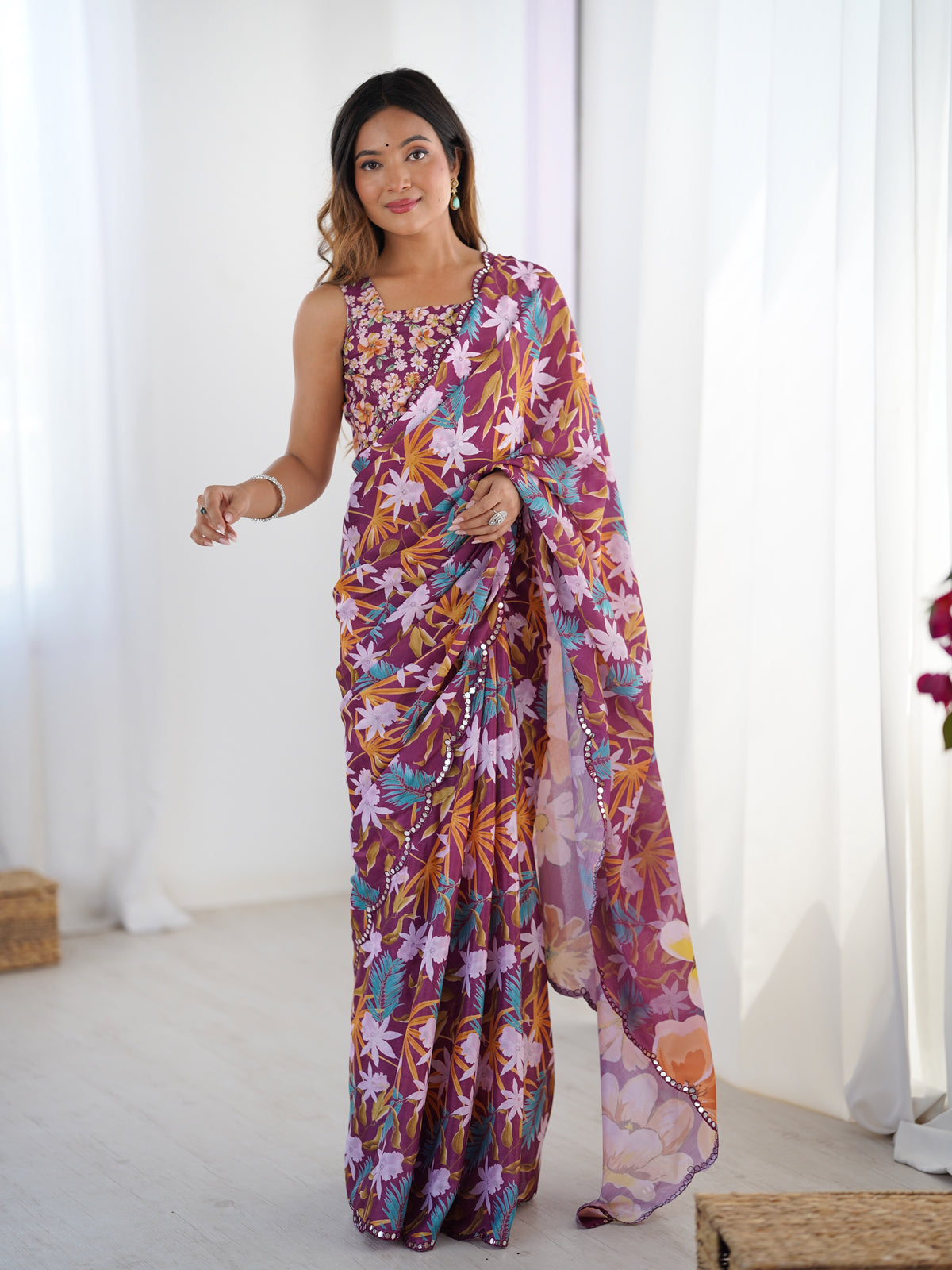 Premium Wine Printed Chinon Saree with Blouse for Women