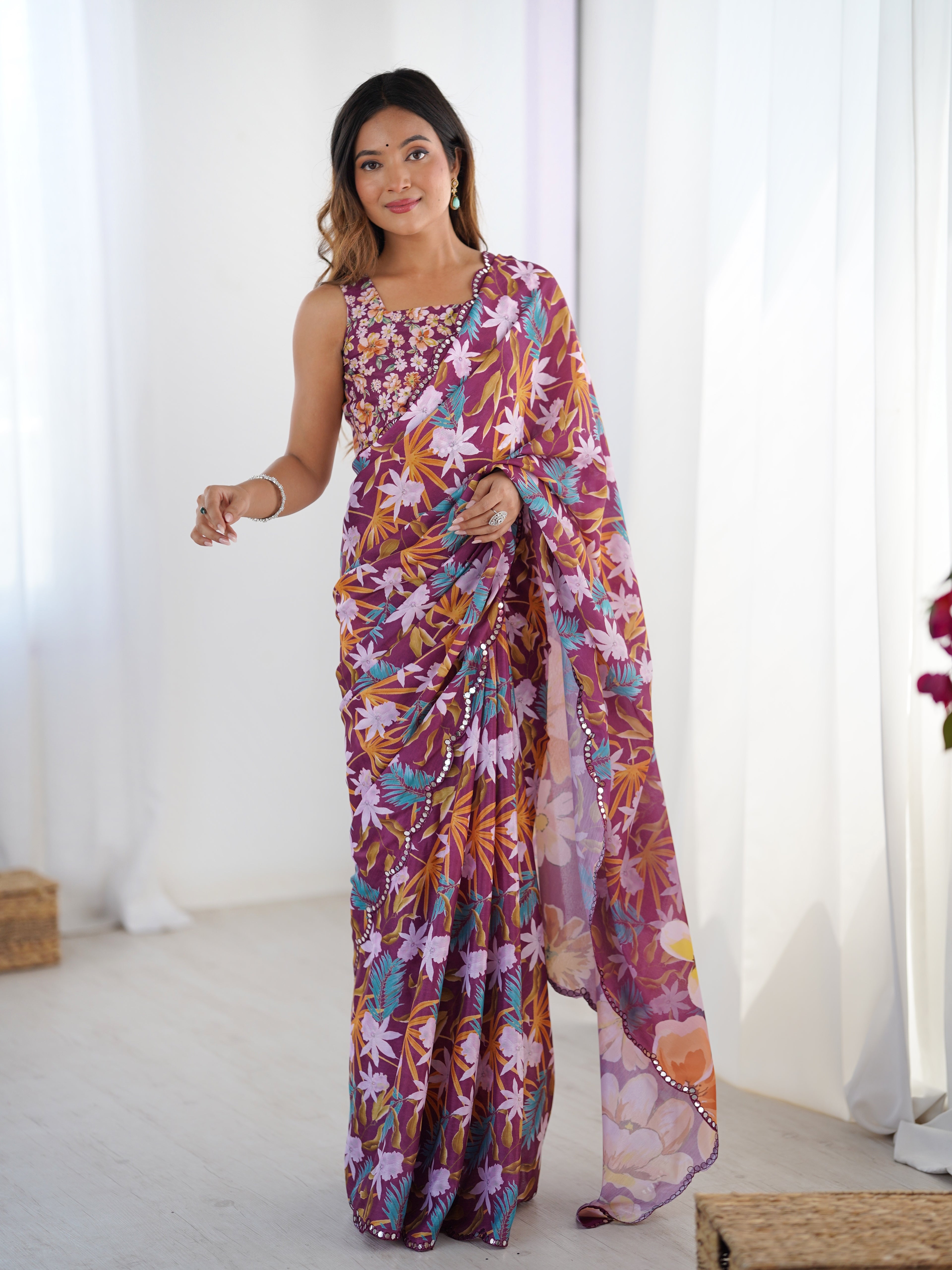 Premium Wine Printed Chinon Saree with Blouse