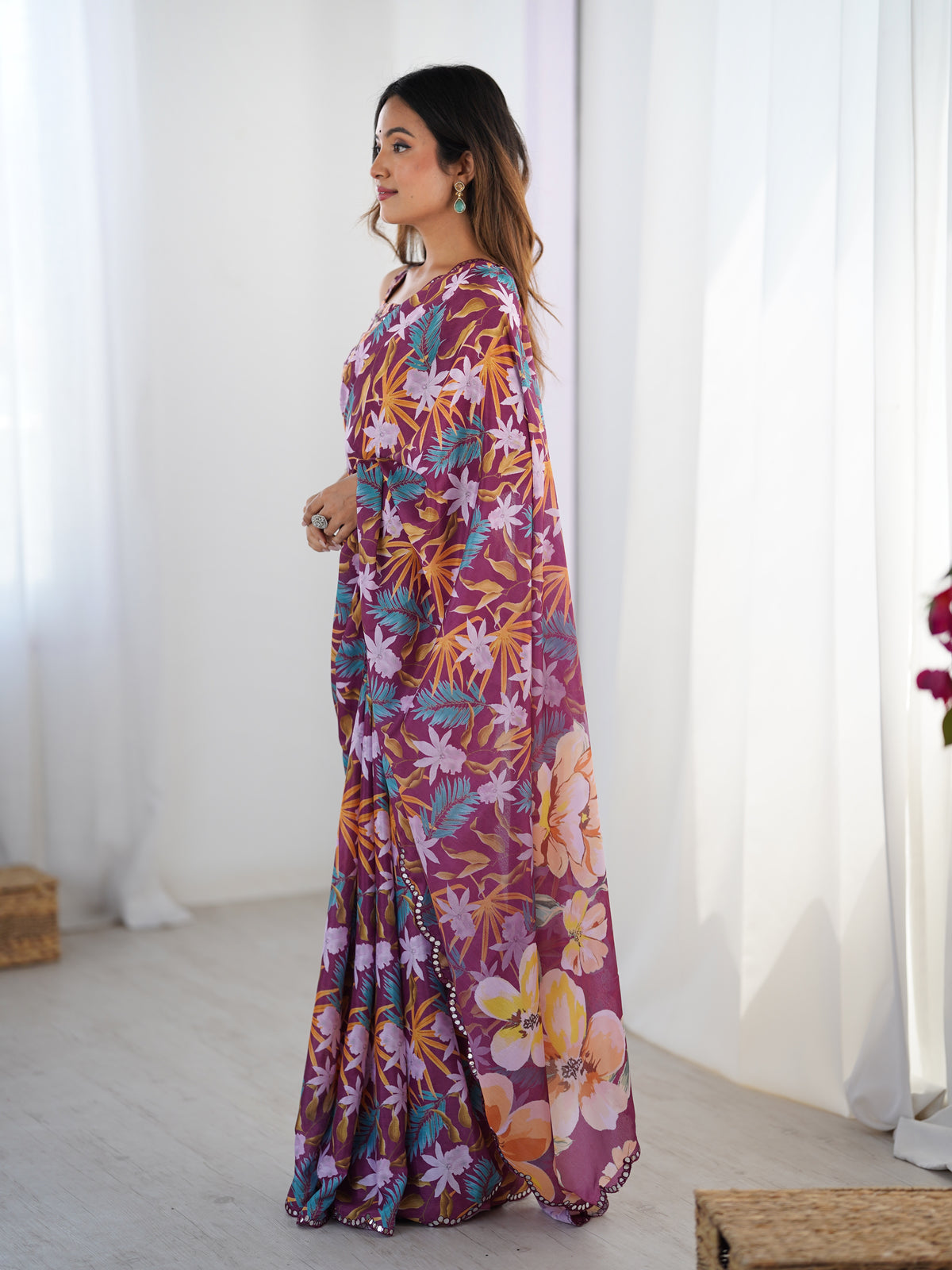 Premium Wine Printed Chinon Saree with Blouse for Women