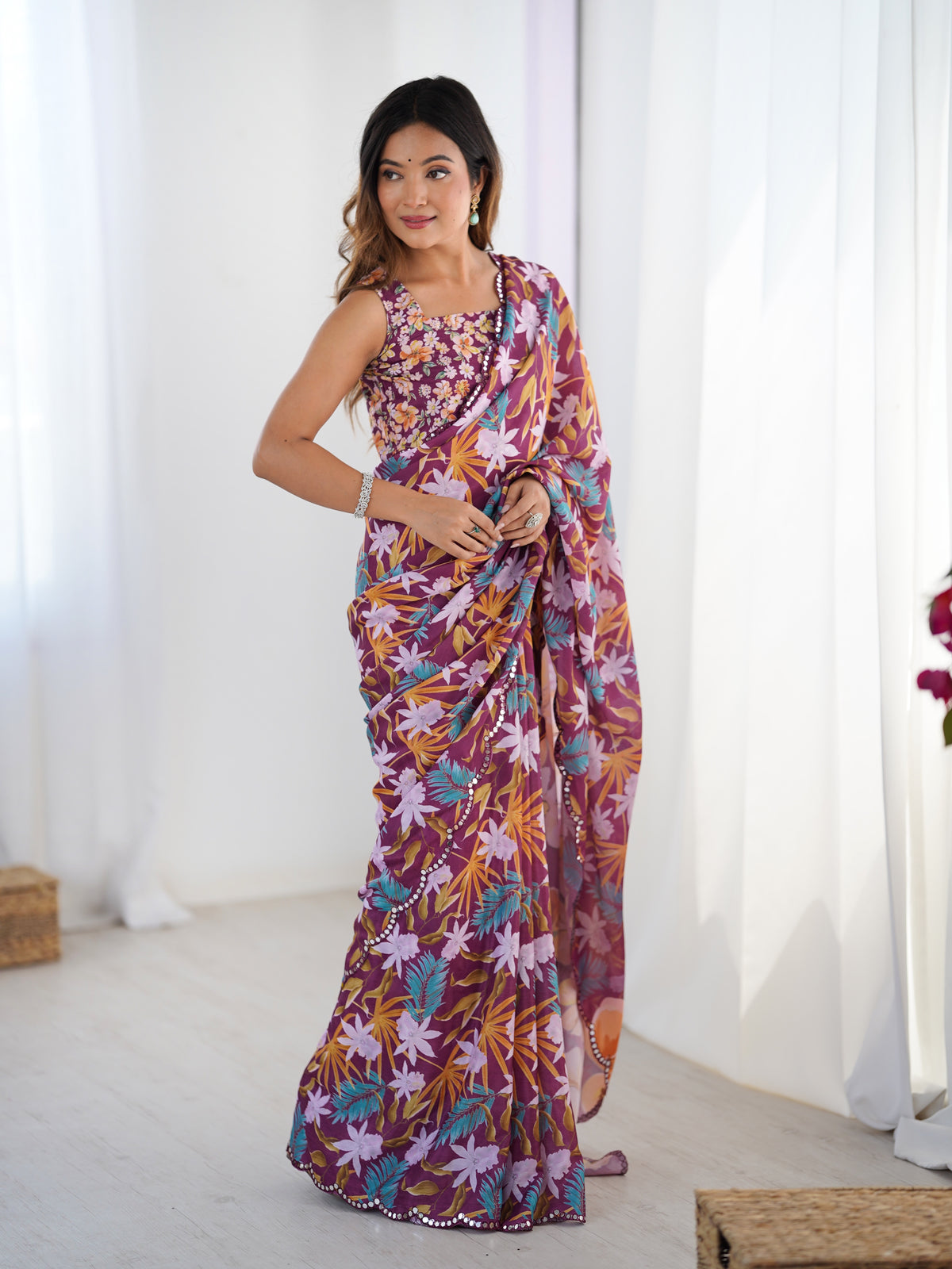 Premium Wine Printed Chinon Saree with Blouse for Women