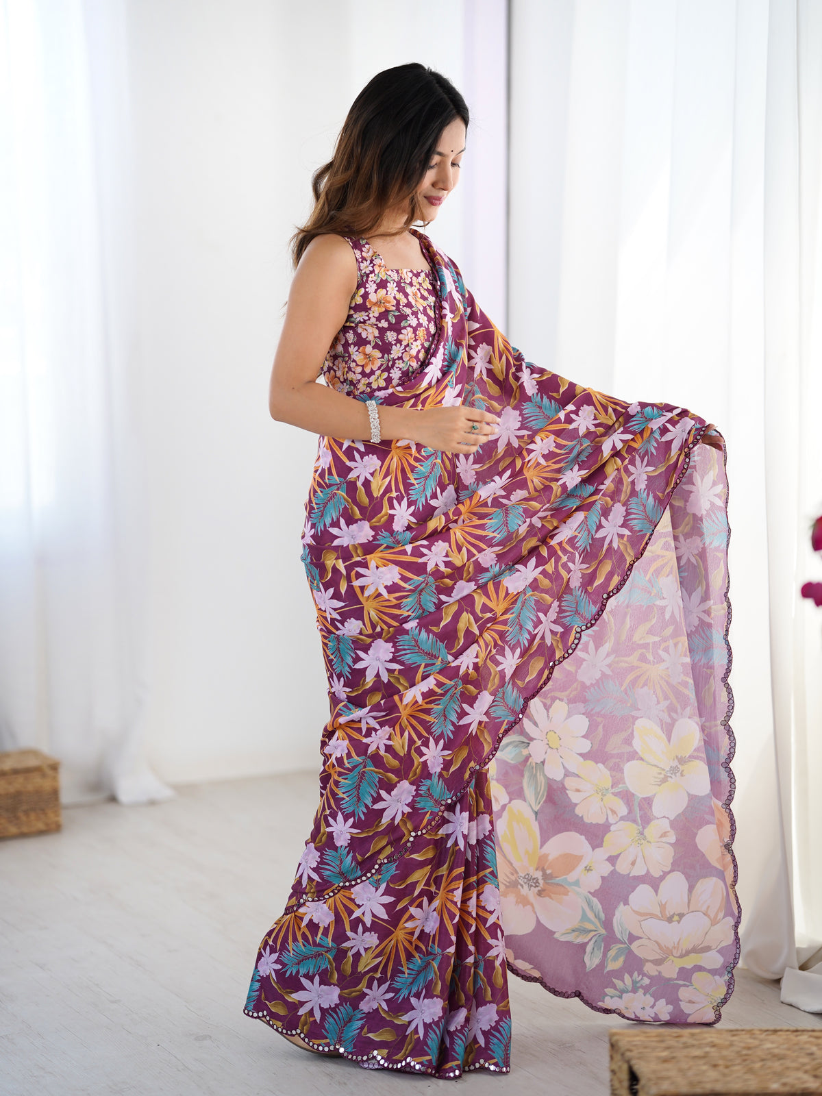 Premium Wine Printed Chinon Saree with Blouse for Women