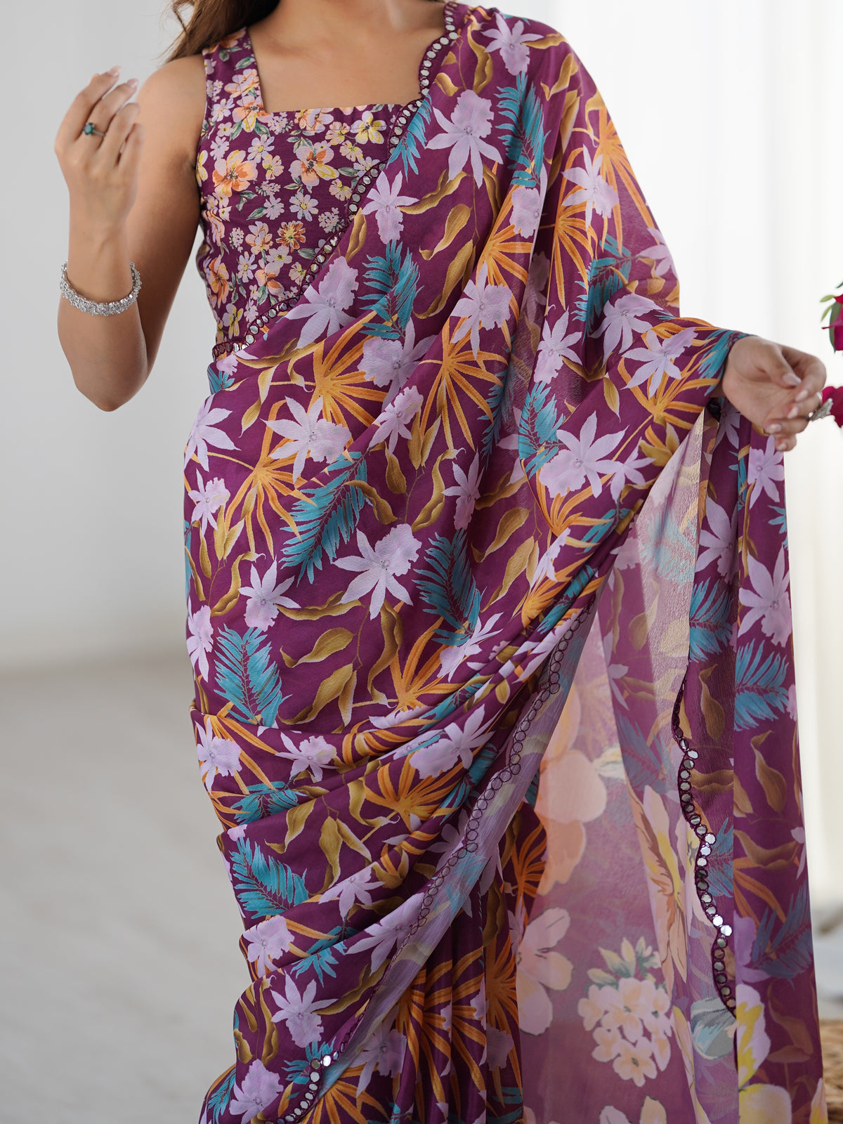 Premium Wine Printed Chinon Saree with Blouse for Women