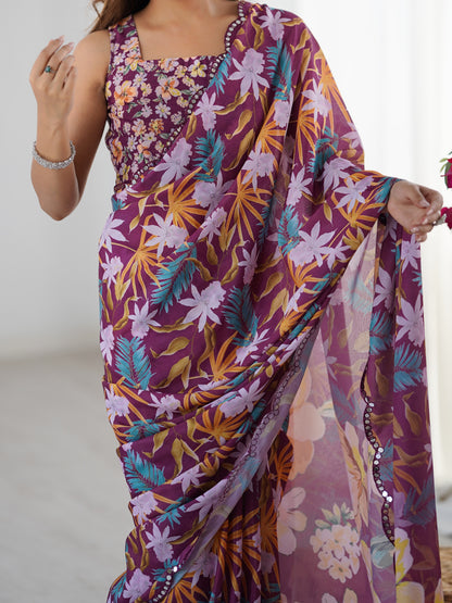 Premium Wine Printed Chinon Saree with Blouse for Women