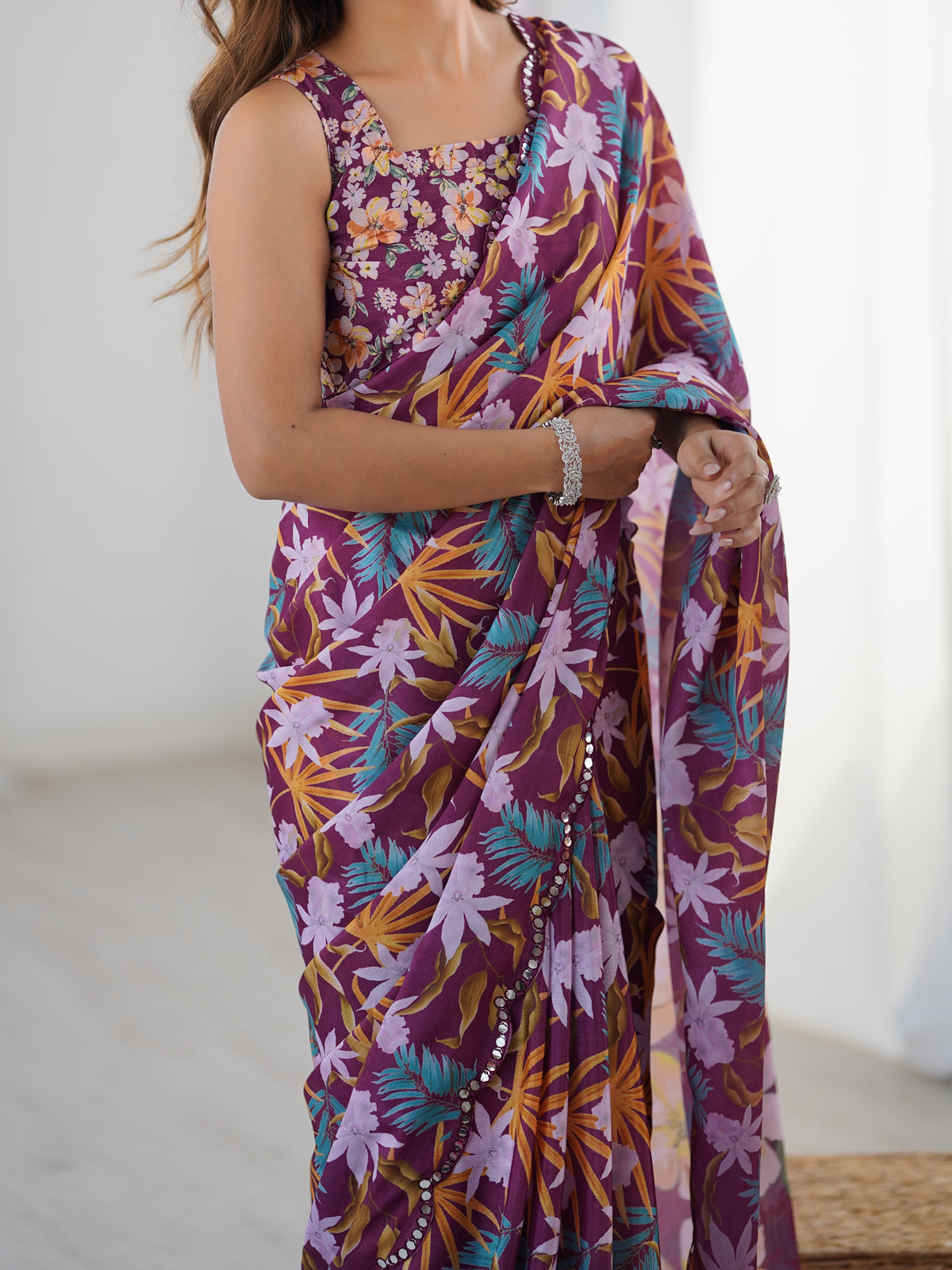 Premium Wine Printed Chinon Saree with Blouse for Women
