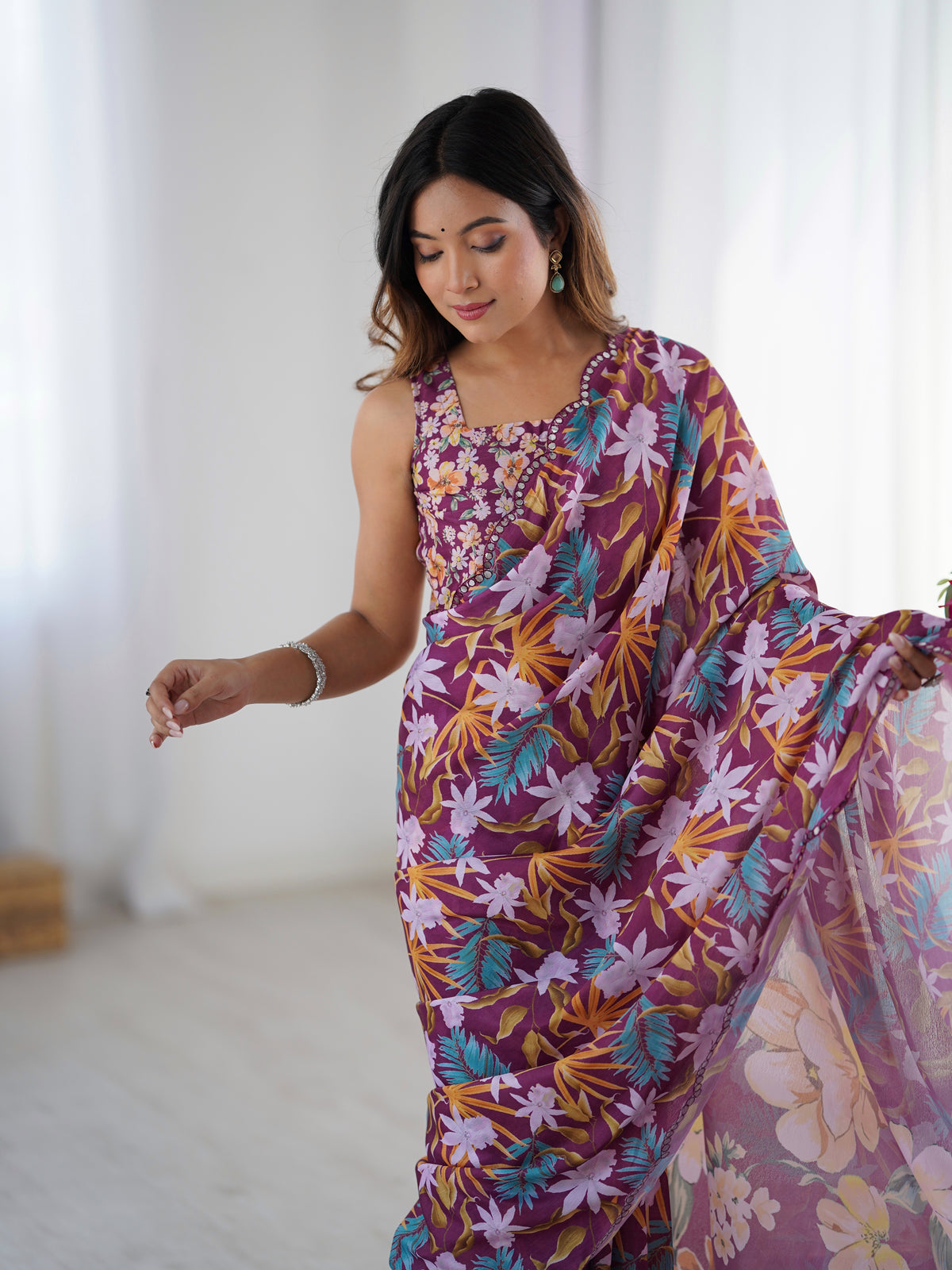 Premium Wine Printed Chinon Saree with Blouse for Women