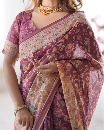Premium Wine Maroon Floral Handloom Saree with Designer Pallu