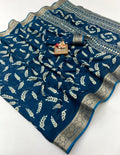 Teal Printed Moss Georgette Saree With Zari Border