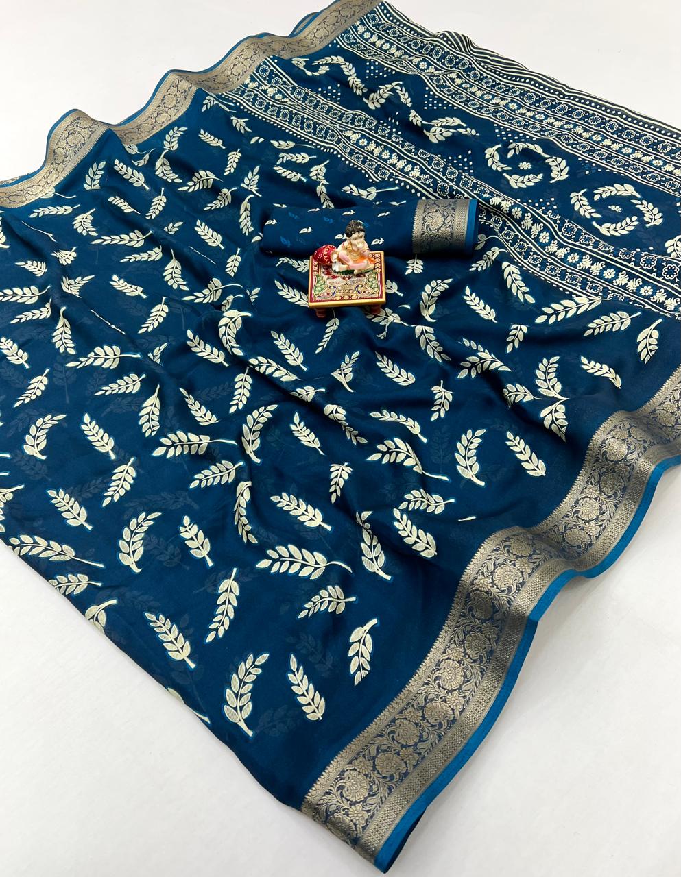 Teal Printed Moss Georgette Saree With Zari Border