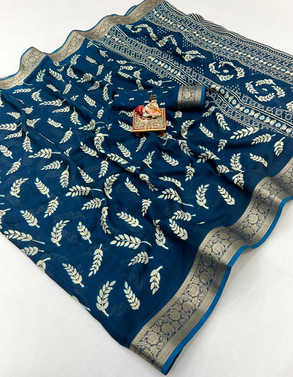 Teal Printed Moss Georgette Saree With Zari Border 4 for Women