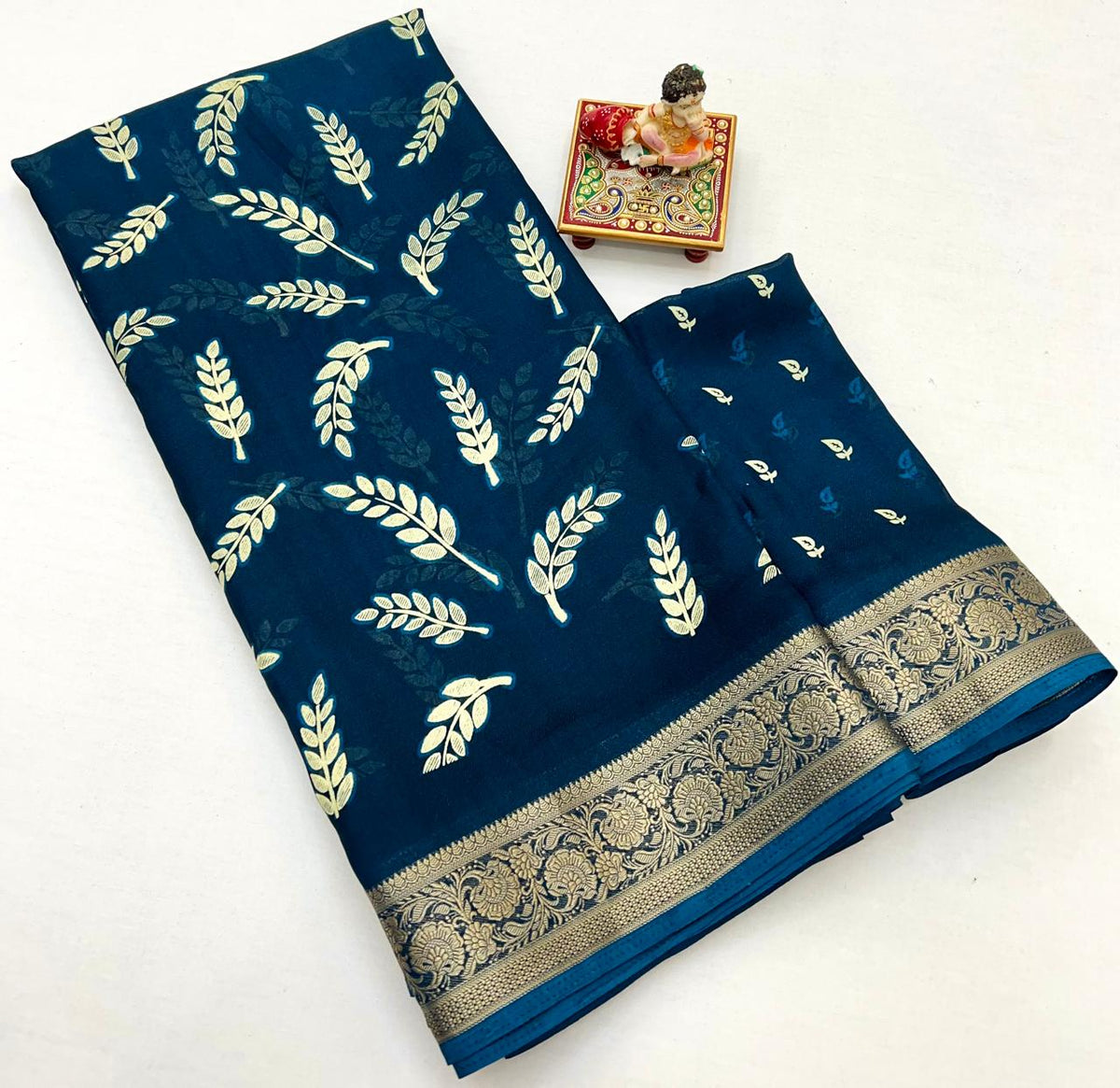 Teal Printed Moss Georgette Saree With Zari Border 4 for Women