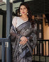 Pure Linen Black Floral Print Saree with Tassel Pallu for Women