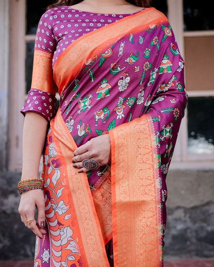 Purple Banarasi Silk Saree with Ethnic Print for Women