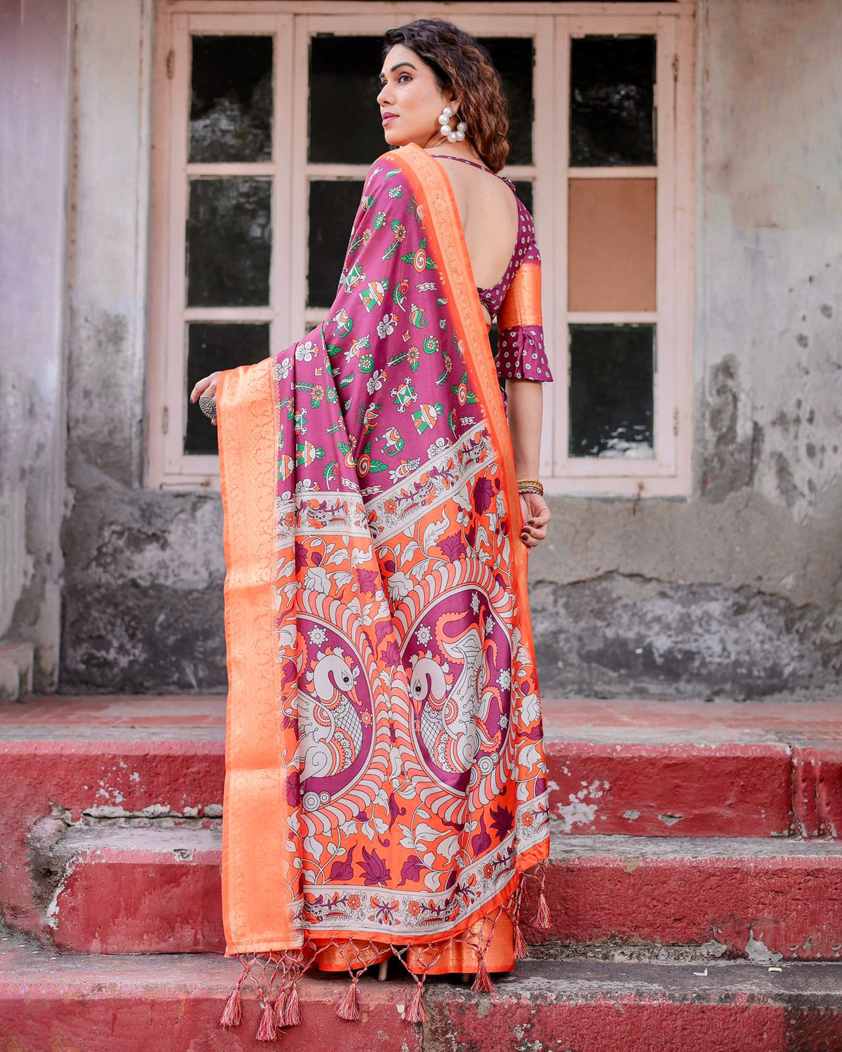 Purple Banarasi Silk Saree with Ethnic Print for Women