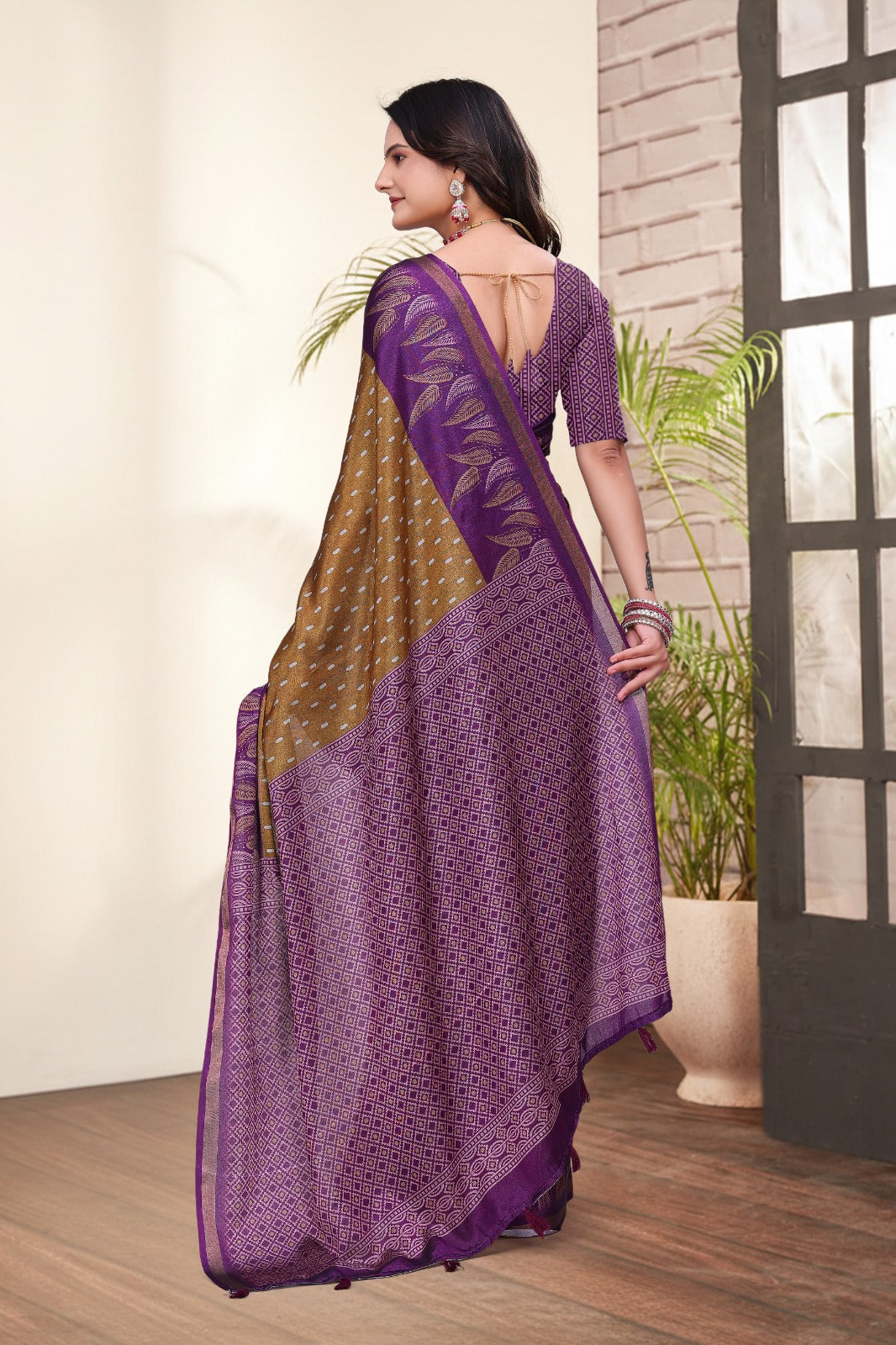 Purple Brown Printed Mal Cotton Saree with Zari for Women