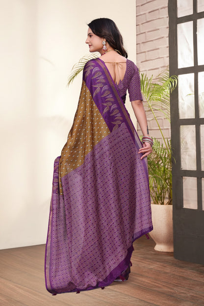 Purple Brown Printed Mal Cotton Saree with Zari for Women