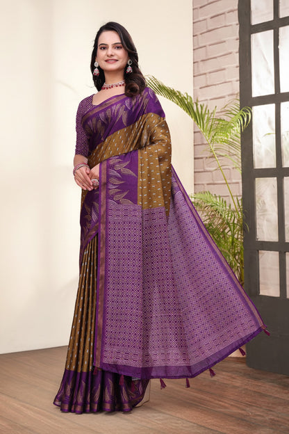 Purple Brown Printed Mal Cotton Saree with Zari for Women