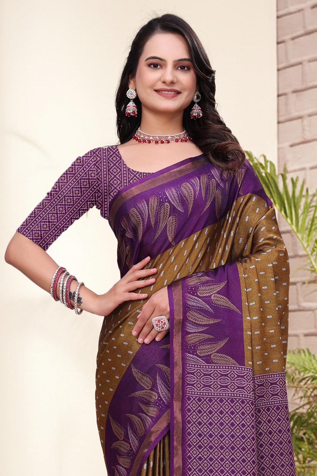 Purple Brown Printed Mal Cotton Saree with Zari for Women