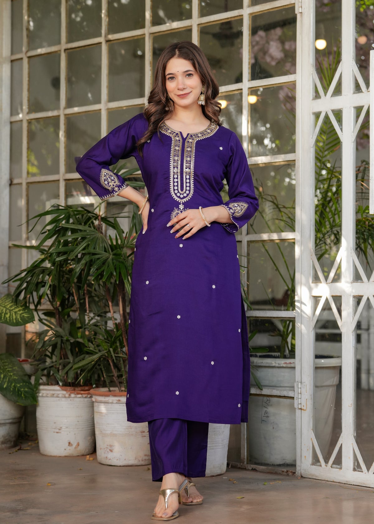 Royal Purple Chanderi Kurta Pant Dupatta Set Women for Women