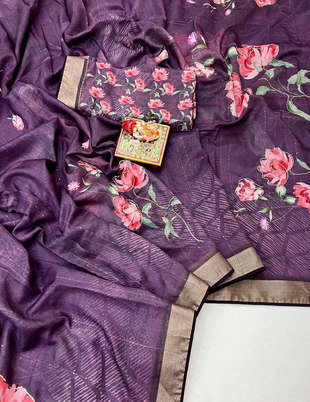 Wine Purple Cotton Digital Print Saree With Work Blouse